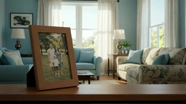Family photo in wooden frame on table in cozy living room  