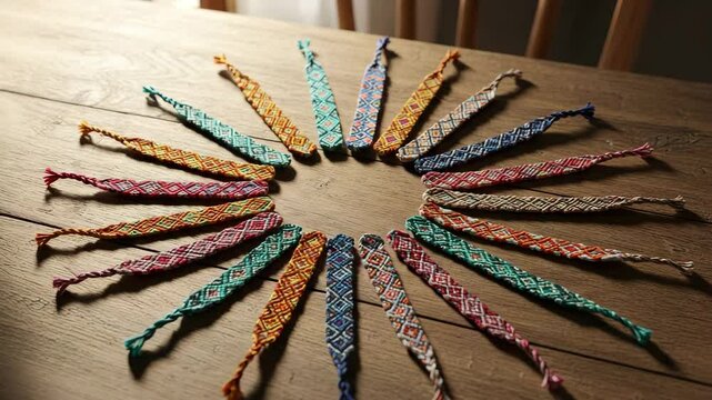 Colorful friendship bracelets arranged in a circle on wooden table  