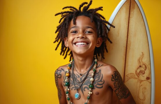 Happy young native Hawaiian boy posing with surfboard on yellow background. Traditional polynesian culture, vibrant fashion style. Smiling child with dreadlocks, tattoos. Ocean summer surf leisure.