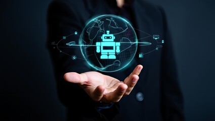 A person s hand holds a glowing blue holographic projection of a robot and a globe with various digital icons representing technology and data