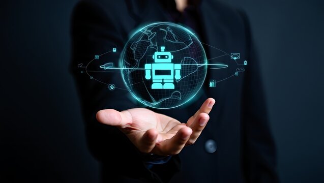 A person s hand holds a glowing blue holographic projection of a robot and a globe with various digital icons representing technology and data - Powered by Adobe