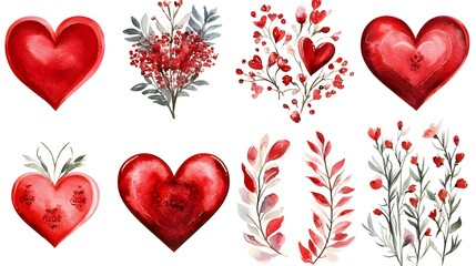 Watercolor Red Hearts Flowers Valentine's Day