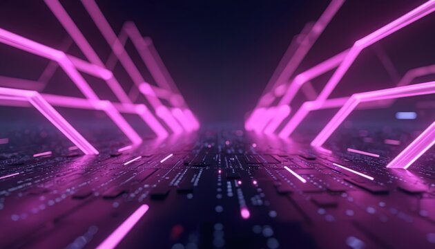 Abstract purple technology banner background. Futuristic digital design concept with glowing lines. Innovation, high tech, science, network connection, internet. Creative design, hi-tech, data