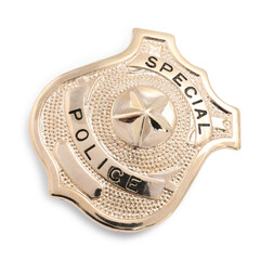 One badge on white background, top view. Police equipment