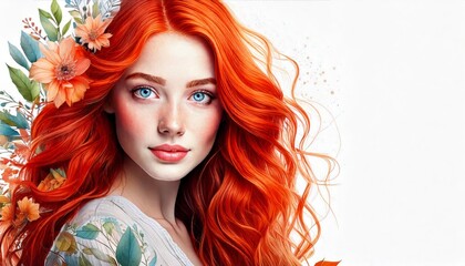 Young woman with flawless complexion, vivid red hair posing amid colorful blooming flowers, radiating beauty and elegance for fashion editorial or cosmetic campaign