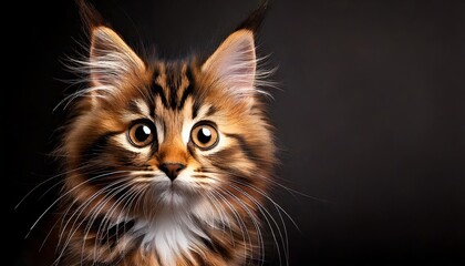 Beautiful portrait of a cute long-haired tabby kitten isolated on a dark background looking at the camera. Eye contact, the kitten is looking attentively. Copy space. IA