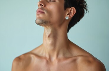 Close-up portrait of young man with closed eyes. Showing neck, shoulders. Minimalist shot with soft light, natural beauty. Ideal for cosmetic, grooming, skincare adverts.