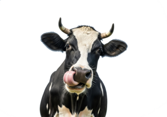 A black and white cow is the central subject of the image