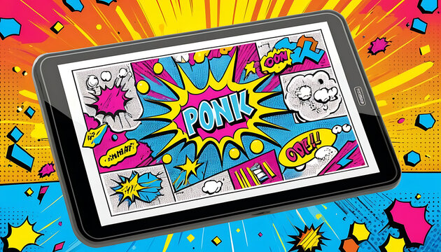 Tablet Displaying Comic Book Style Graphic Art with Pop Art Background.