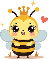 Adorable Queen Bee Cartoon with Crown and Heart – Cute Flying Insect Character in Flat Vector Style