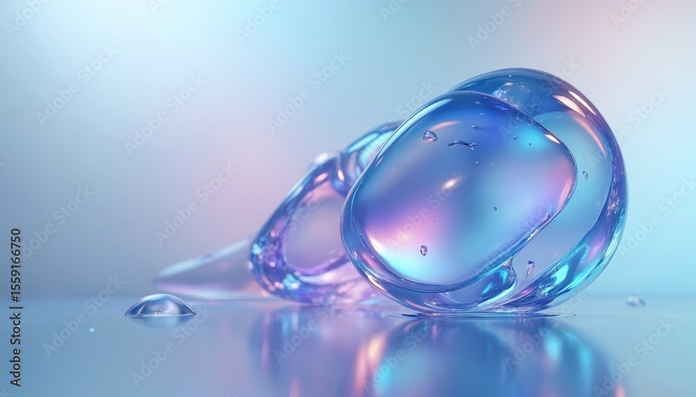 Poster abstract 3d illustration with gradient glass shapes, blue dispersion. iridescent design element for 