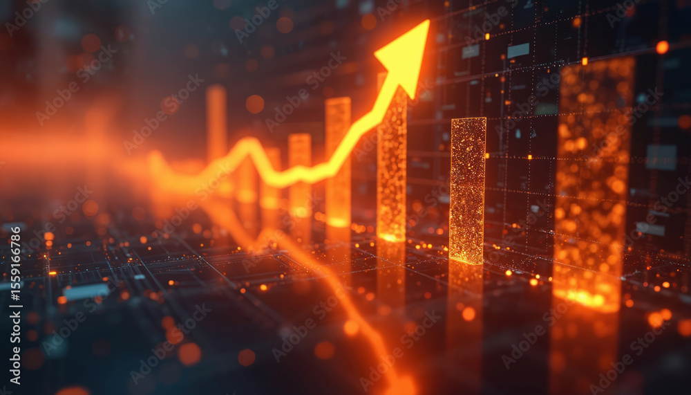Poster Dynamic bar graphs illustrate financial futures contracts, with upward arrow growth. Tech-driven visualization conveys market data, finance, investment strategy, performance analysis. Modern design