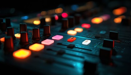 Detailed view of a professional audio mixing console with glowing control buttons and knobs