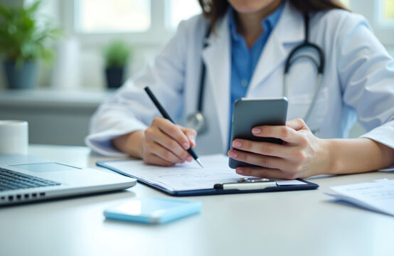 Asian female doctor works clinic. Uses phone, makes notes on paper consults patients online. Telemedicine, remote healthcare tech, online medical video call. Doctor with stethoscope reviews record,