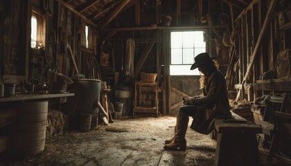 Fototapeta premium Lone figure contemplating in a rustic wooden interior, creating a sense of somber reflection