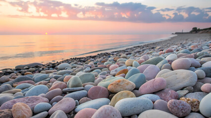 Beautiful pebble beach at sunset wallpaper background for phone or desktop screensaver wallpaper