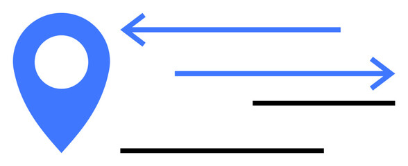 Fototapeta premium Blue location pin accompanied by arrows pointing both directions symbolizing navigation, movement, and connection. Ideal for communication, location sharing, direction, logistics, travel, strategy