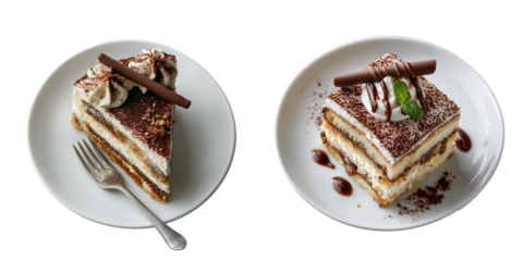Set of a slice of tiramisu cake on white plate isolated on transparent or white background