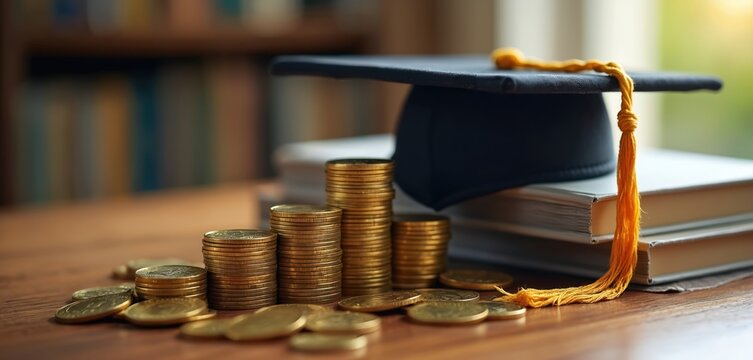 Graduation cap on books with gold coins, representing high education cost. Symbolizes investment in future. Concept of tuition fees, student loans and financial planning for college university.