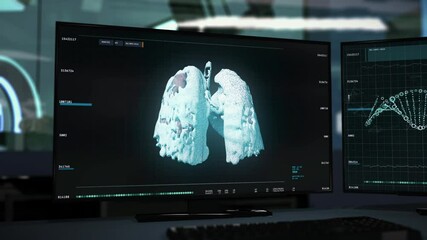 Examination Of Cancer Disease Using Innovative Medical X-Ray Scanner Interface. Scanner Examination Discovers Dangerous Lung Organ Cancer Disease. Medical Scanner Examination Ui Diagnoses Disease - Powered by Adobe