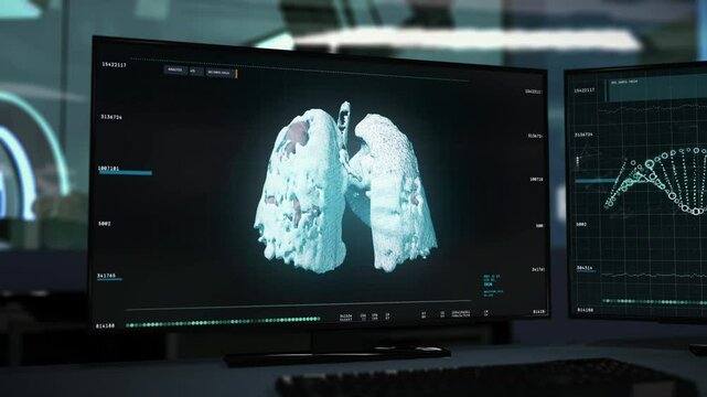 Examination Of Cancer Disease Using Innovative Medical X-Ray Scanner Interface. Scanner Examination Discovers Dangerous Lung Organ Cancer Disease. Medical Scanner Examination Ui Diagnoses Disease