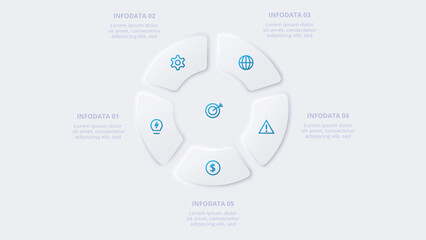 Neumorphic flow chart infographic. Creative concept for infographic with 5 steps, options, parts or processes.
