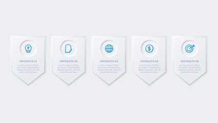 Neumorphic flow chart infographic. Creative concept for infographic with 5 steps, options, parts or processes.