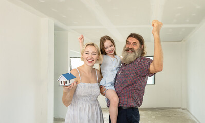 Couple husband father wife mother and child daughter cute white people smile cheerful together look...