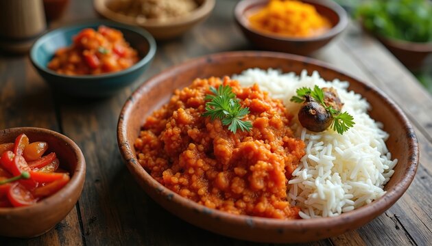 Vibrant food spread features Jadoh, traditional Khasi dish. Spicy masor tenga, rice, ingredients in wooden bowls. Culinary art photo. Fresh Indian food dish, perfect for restaurant menu, Asian