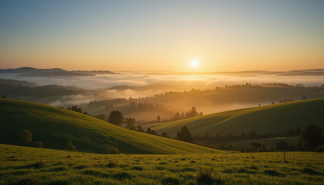 Sunrise over rolling green hills with fog in the valleys creating a serene landscape view scene