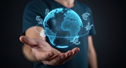 Global Finance and Forex Market Technology: Hand Holding a 3D Globe Hologram with Orbiting Currency Symbols for International Business, Foreign Exchange, and Fintech.