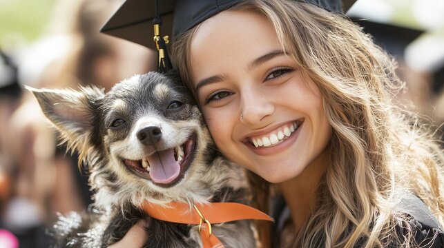 Celebrating graduation day with a joyful smile alongside a furry friend in an outdoor ceremony