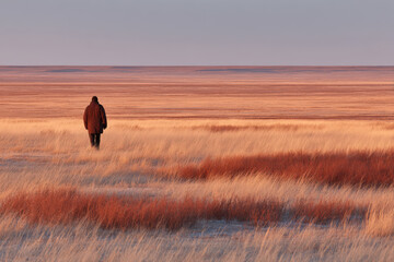 minimalist photograph of solitary figure in steppe grassland of uzbekistan during soft twilight