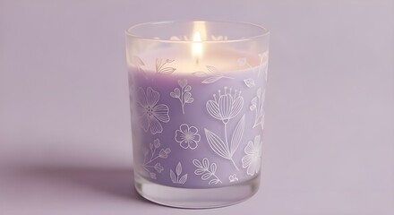 Burning lilac candle with floral pattern on light purple background