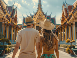 Fototapeta premium Couple holding hands, seen from behind, admiring ornate golden Thai temple