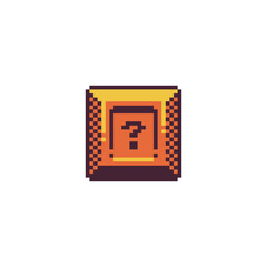 Pixel art help button retro 8-bit icon with question mark question mark, styled in classic 8-bit game design, help, tutorial, or info functions in game interfaces, HUDs, or menu panels.