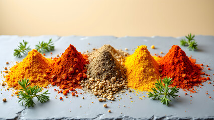 Spice mounds on slate. Symmetrical arrangement, vibrant colors, clear background. Food photography, texture, pattern.