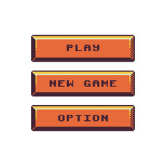 Pixel art horizontal menu buttons 8-bit game UI elements , Play, New Game, and Option, video game main menus and RPG interfaces.