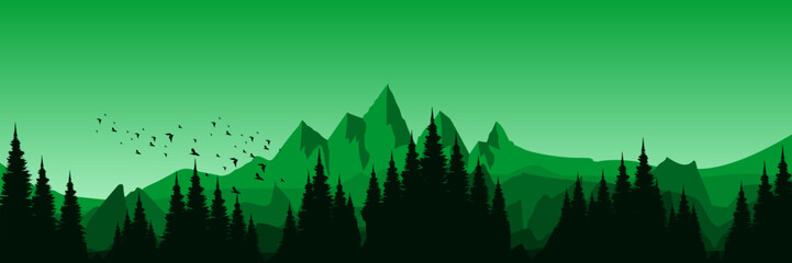 dawn green landscape mountain scenery vector illustration good for wallpaper design, design template, background template, and tourism design template.