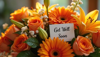 Vibrant orange flower bouquet with Get Well Soon message. Roses, lilies, gerbera. Perfect for sending wishes of recovery, health, care. Sympathy, comfort for loved ones. Beautiful floral arrangement.