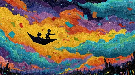  A boy and a girl sailing on a paper boat against a serene sunset backdrop