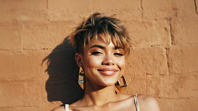 A portrait of a beautiful woman with a confident smile and striking features. The woman has short, textured hair and is bathed in warm sunlight, casting a flattering shadow