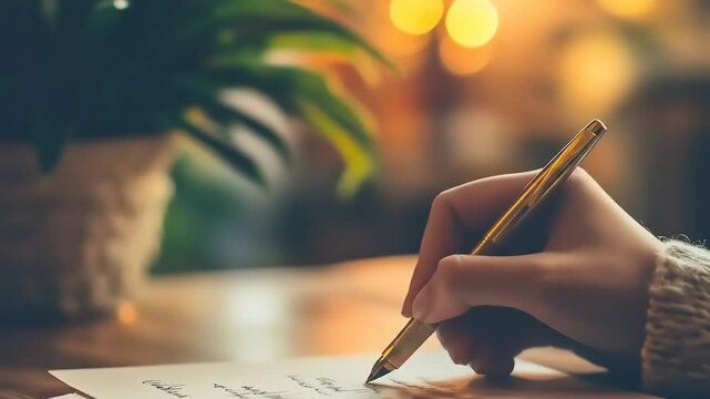 Womans hand writing letter indoors.