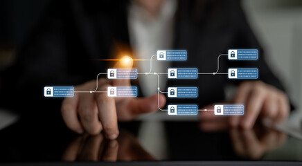 Blockchain structure showing distributed data blocks linked with encryption, representing secure...