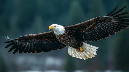 Fototapeta premium Majestic bald eagle glides effortlessly through the air, showcasing its impressive wingspan against a serene backdrop.