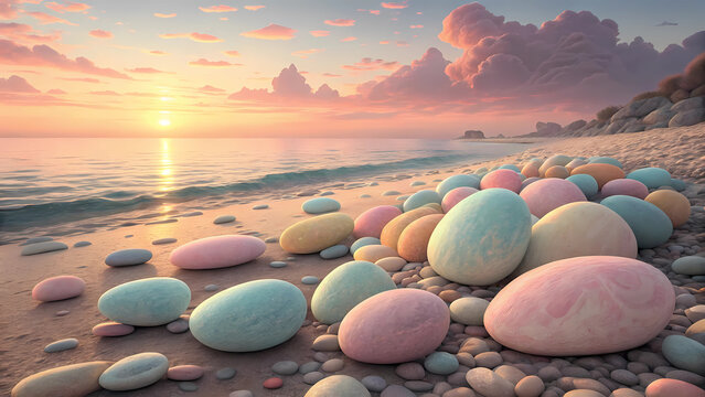 Pastel beach rocks at sunset ocean view scenic landscape wallpaper background hd desktop nature art