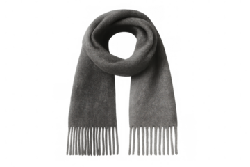 Soft gray winter scarf hanging with decorative fringes, providing warmth against pale background, knitted wool texture visible