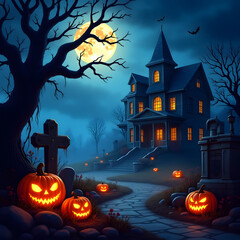 Fototapeta premium Spooky Halloween Night with Glowing Pumpkins and Haunted House