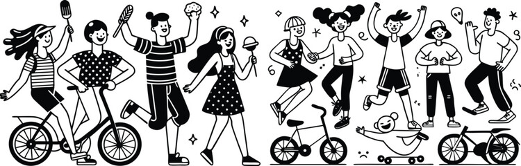 Big Summer Vector Set of Happy Active People – Dancing, Walking, Biking, Rollerblading & Scootering Fun Characters

