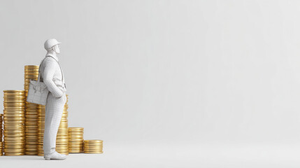 Financial Architect: A figure, poised and contemplative, surveys a rising stack of golden coins, embodying the strategic foresight of financial planning and wealth management.